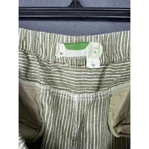 By Anthropologie Pants Womens Large Green Stripe 100% Linen Pull On Ankle Crop - Picture 5 of 10